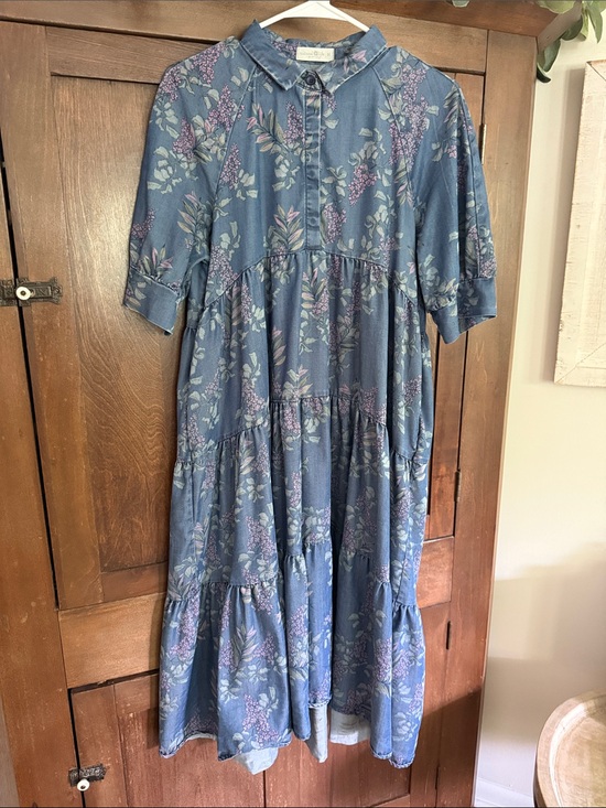 NATURAL LIFE Dresses & Skirts - NATURAL LIFE Blue Floral Tiered Dress with Pink & Green Accents